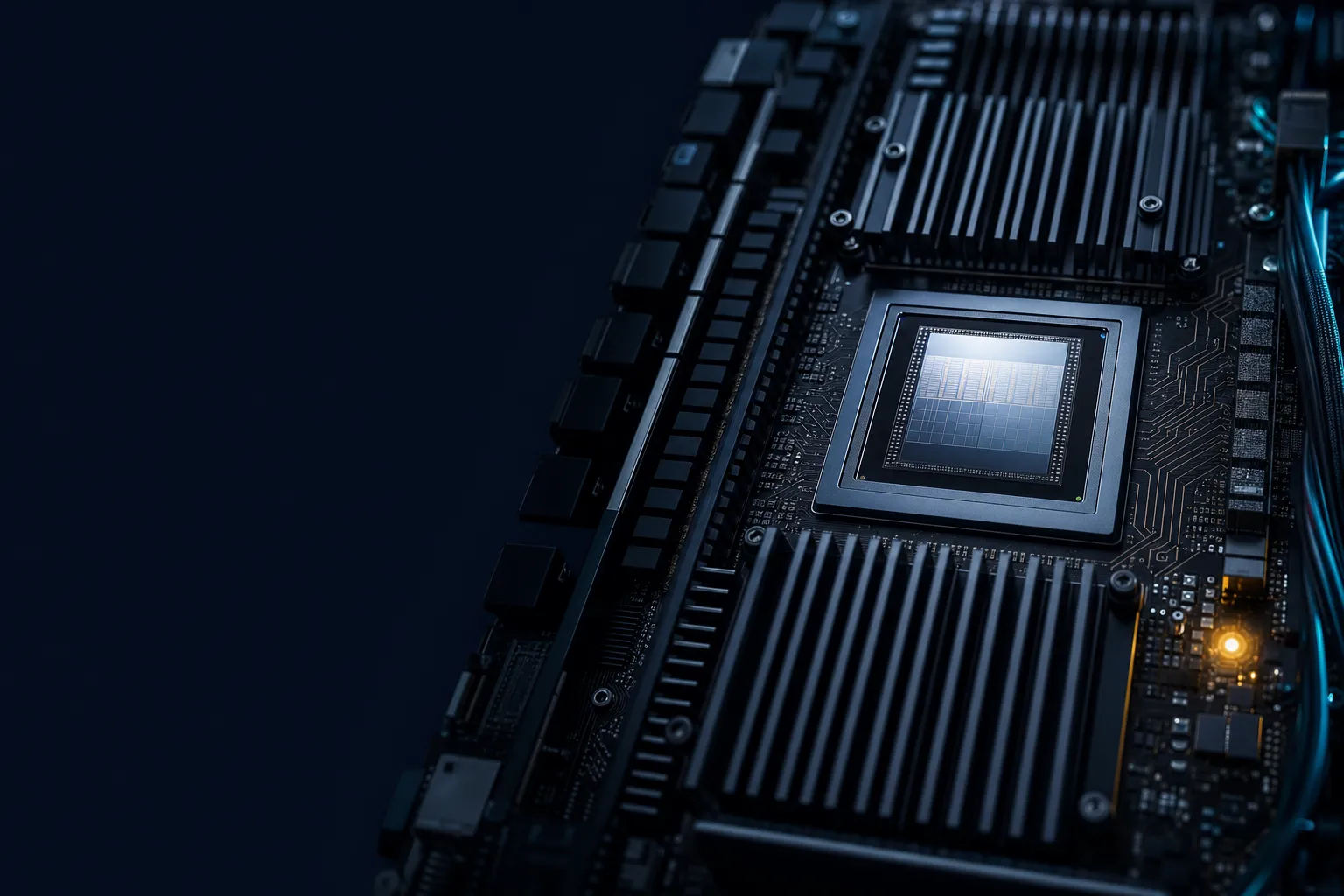 Nahaufnahme einer modernen KI-Beschleunigerkarte mit Kühlkörper und Silizium-Chip.